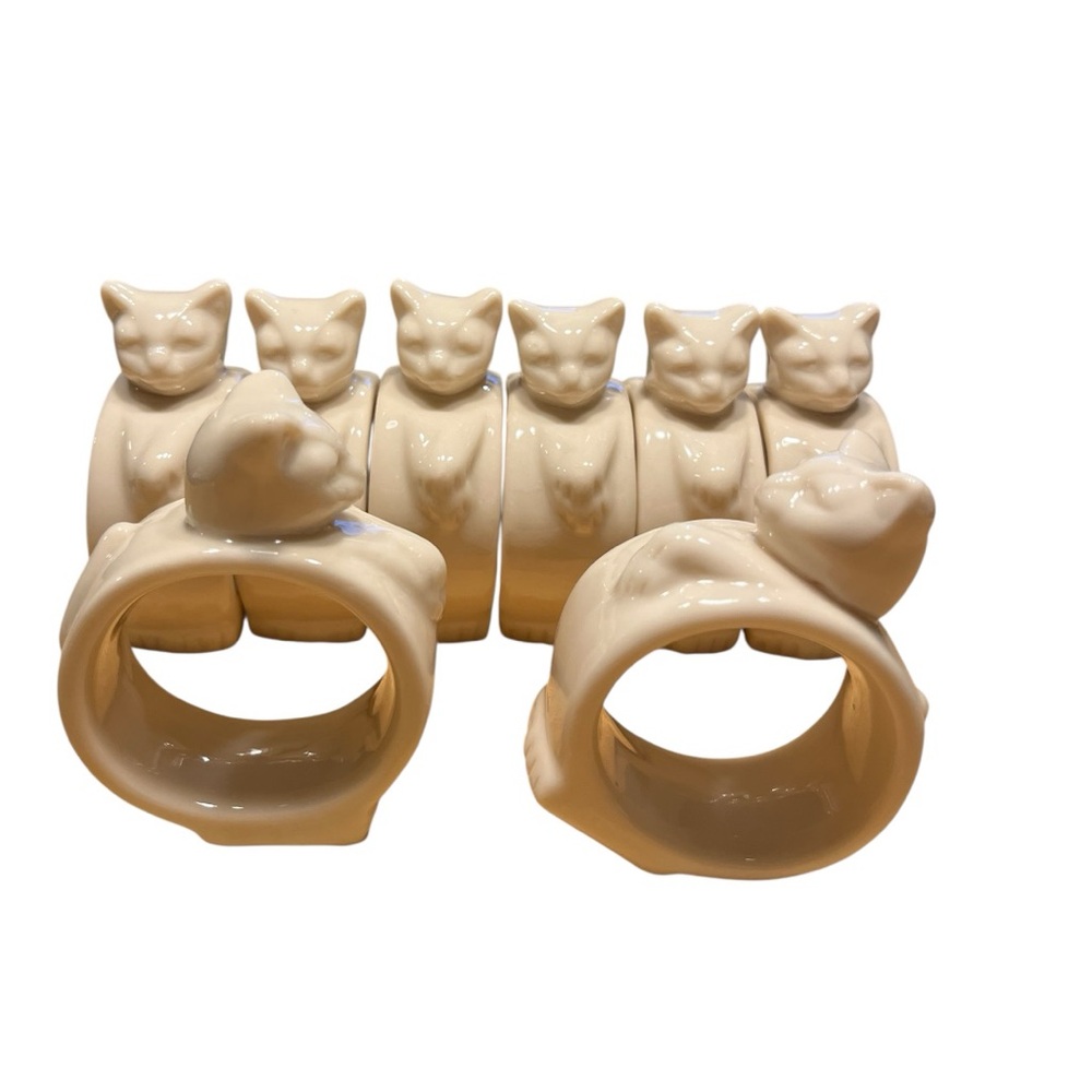 8 Cat Porcelain Napkin Rings – Cream Glazed Kitty Table Decor - Picture 2 of 6